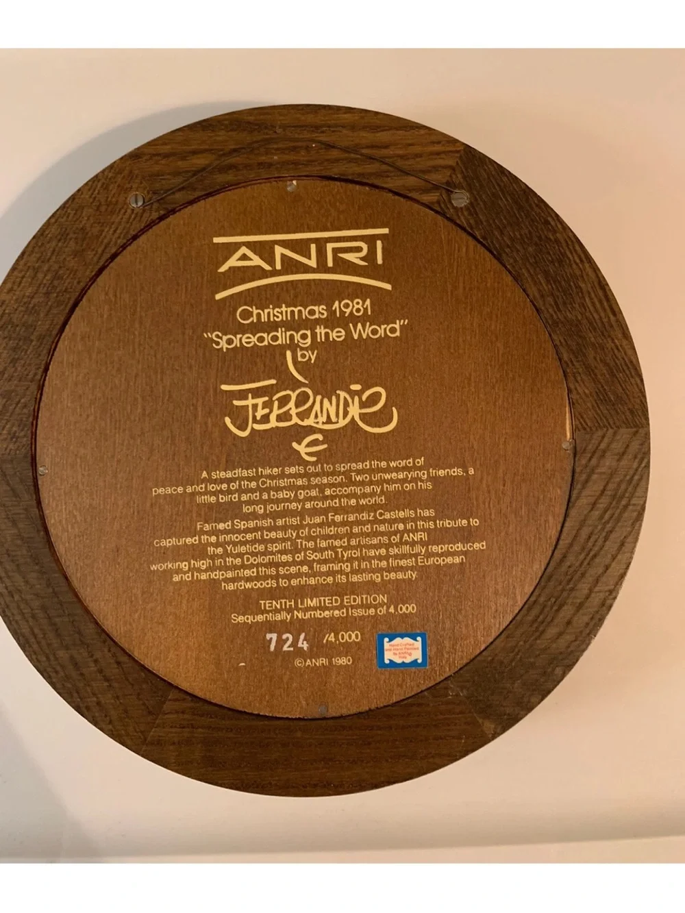 ANRI Christmas 1981 Spreading The Word Plate by J Ferrandiz 724/4000 Italy